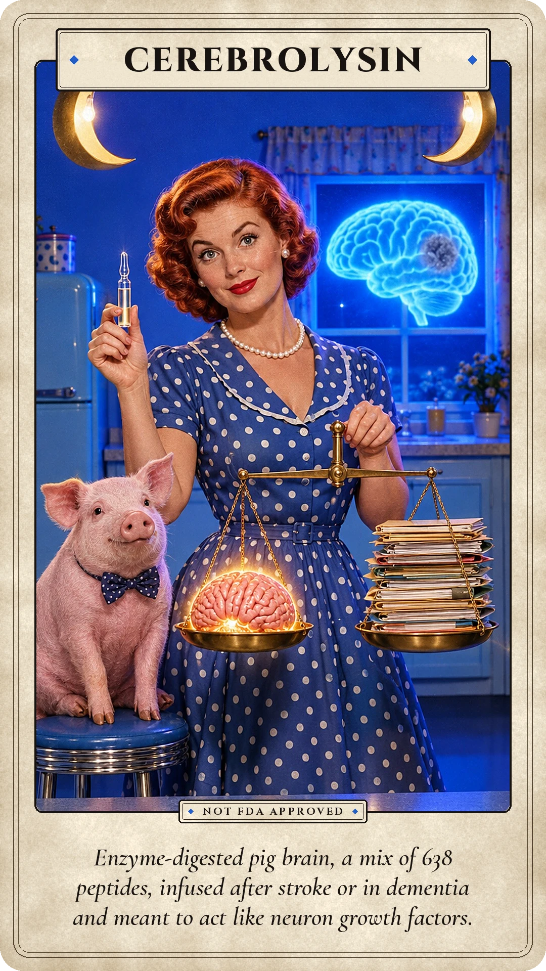 Cerebrolysin: Enzyme-digested pig brain, a mix of 638 peptides, infused after stroke or in dementia and meant to act like neuron growth factors.