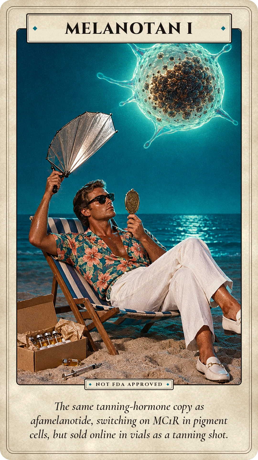 Melanotan I: The same tanning-hormone copy as afamelanotide, switching on MC1R in pigment cells, but sold online in vials as a tanning shot.