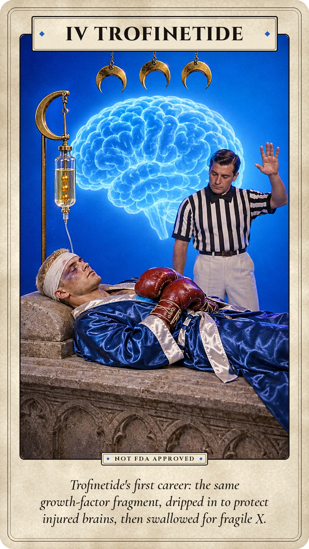 IV Trofinetide: Trofinetide's first career: the same growth-factor fragment, dripped in to protect injured brains, then swallowed for fragile X.