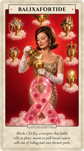 Balixafortide: Blocks CXCR4, a receptor that holds cells in place, meant to pull breast cancer cells out of hiding and into chemo's path.