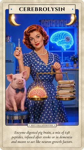 Cerebrolysin: Enzyme-digested pig brain, a mix of 638 peptides, infused after stroke or in dementia and meant to act like neuron growth factors.