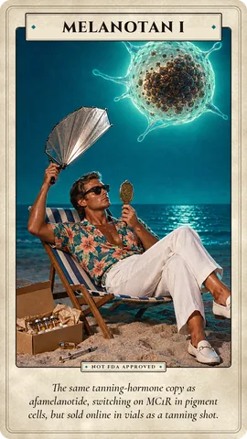 Melanotan I: The same tanning-hormone copy as afamelanotide, switching on MC1R in pigment cells, but sold online in vials as a tanning shot.