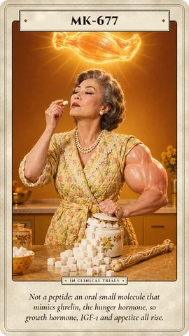MK-677: Not a peptide: an oral small molecule that mimics ghrelin, the hunger hormone, so growth hormone, IGF-1 and appetite all rise.