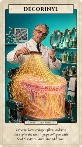 Decorinyl: Decorin keeps collagen fibers orderly; this copies the sites it grips collagen with. Sold to tidy collagen, not add more.